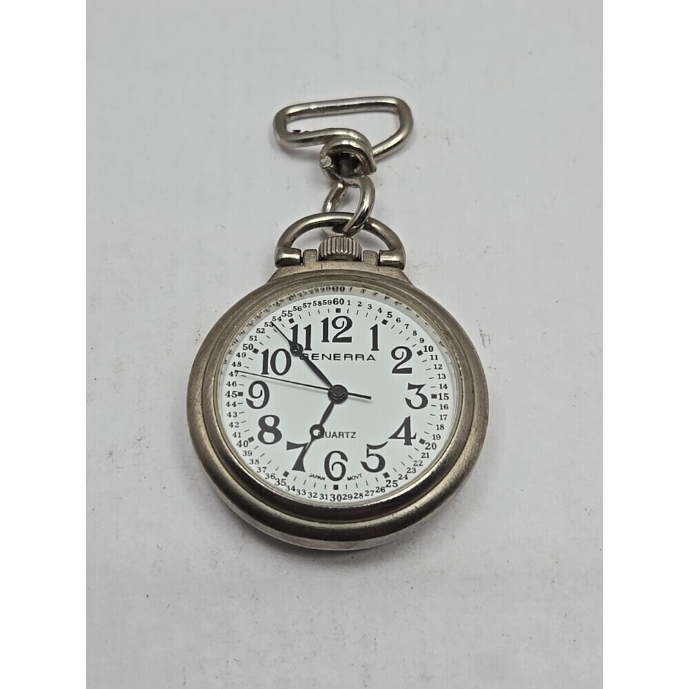 Vintage Generra Quartz Pocket Watch Military Time Dial Silver Case New Battery